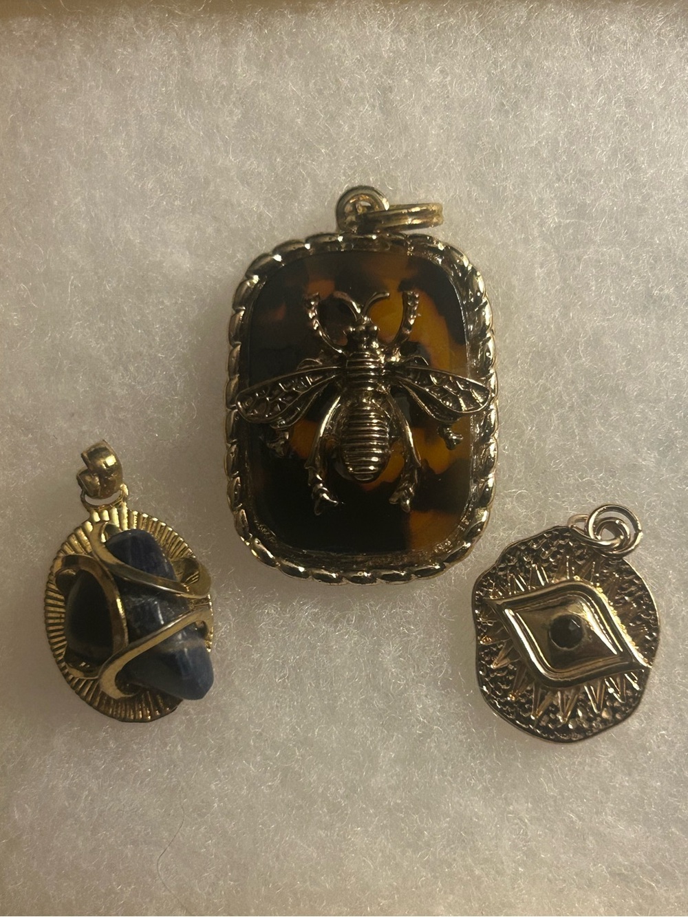 Vintage Gold Tone Boho Charm Bundle Lot - Evil Eye, Bee, Caged Sodalite